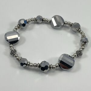 Metallic Silver Glass Beaded Stretch Bracelet Boho Timeless Classic Fun Funky